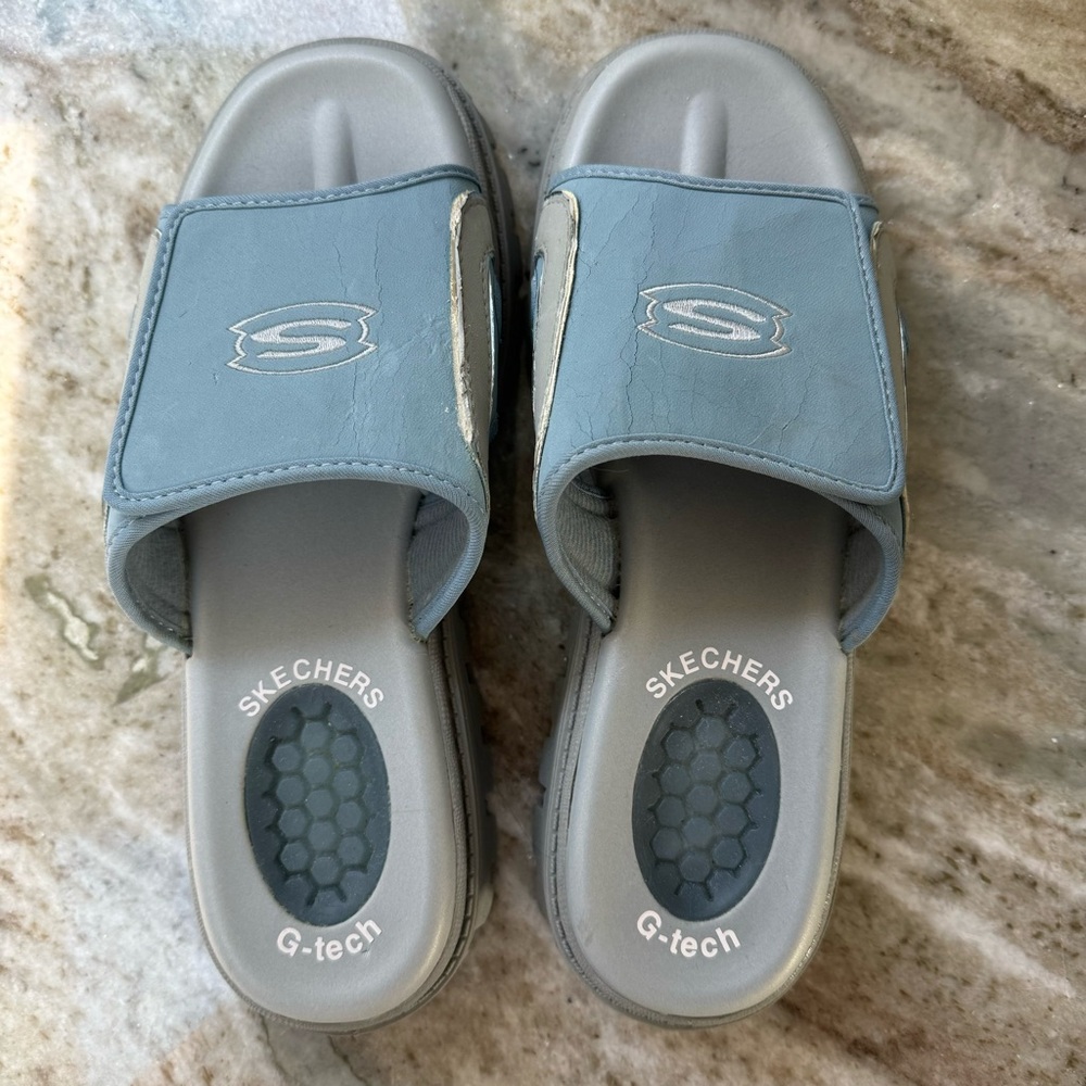 New, never worn Skechers Babyblue Sz10 Women’s slides, smokefree home!No box/tag